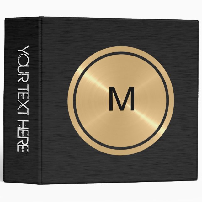 Gold Button and Black Stainless Steel Metal 3 Ring Binder (Front/Spine)