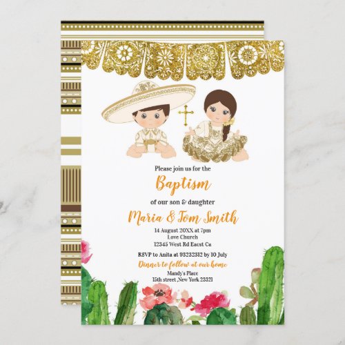 Gold Cactus Baptism Fiesta Twin Invitation