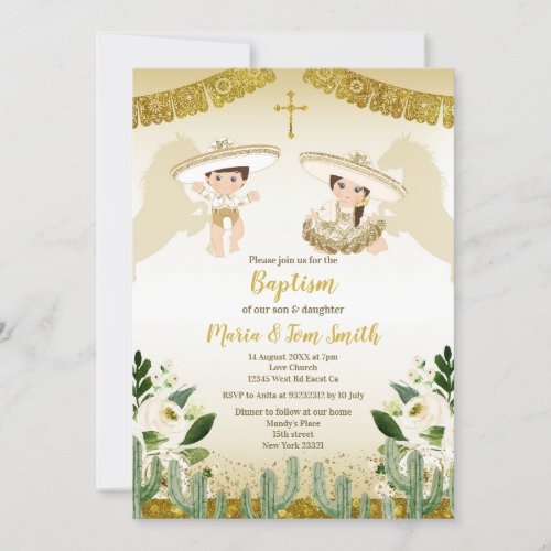 Gold Cactus Birthday Baptism Fiesta Twin Invitatio Invitation