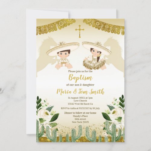 Gold Cactus Birthday Baptism Fiesta Twin Invitation