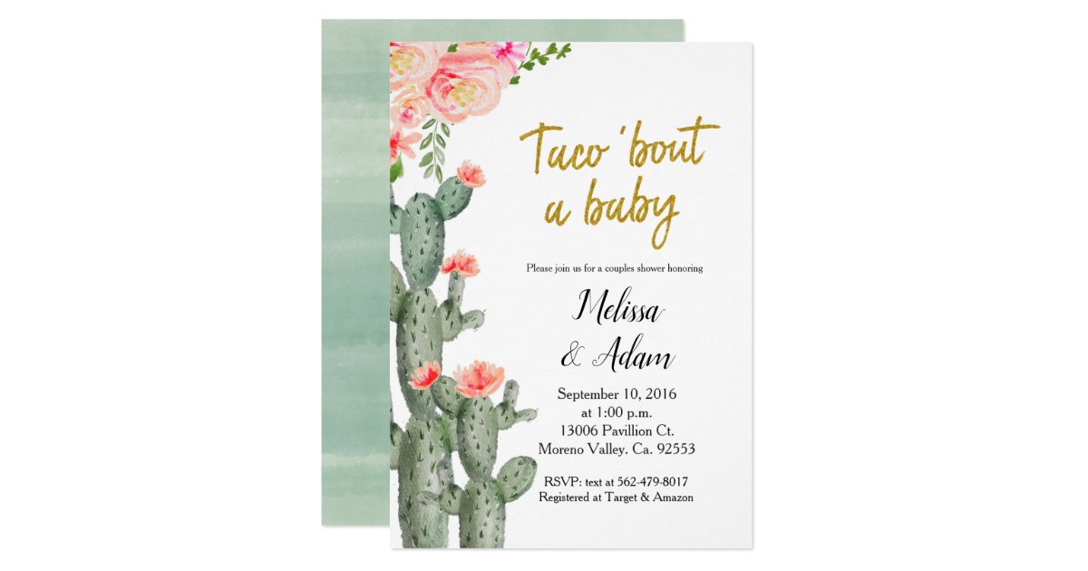 Gold Cactus Floral Taco Bout Baby Baby Shower Invitation