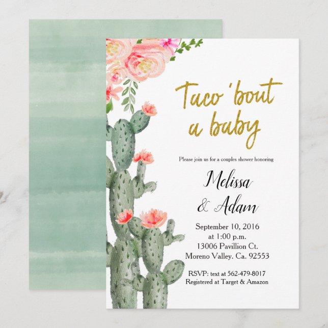 Gold Cactus floral Taco Bout Baby Baby Shower Invitation (Front/Back)