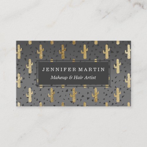 Gold Cactus on Modern Chic Geo Triangles Gradient Business Card