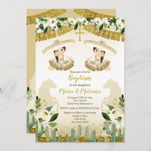 Gold Cactus Twins Girl Baptism and Birthday Invitation