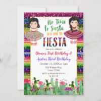 Gold Cactus Twins Girl Birthday Fiesta Invitation