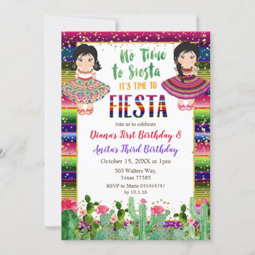 Gold Cactus Twins Girl Birthday Fiesta Invitation