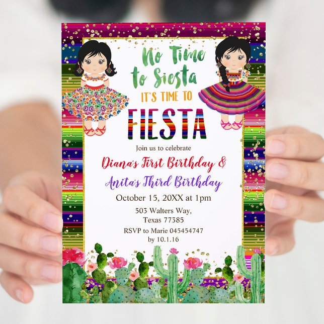 Gold Cactus Twins Girl Birthday Fiesta Invitation (Creator Uploaded)