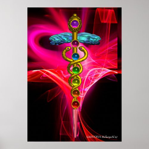 GOLD CADUCEUS7 CHAKRAS PINK FUCHSIA Yoga Medical Poster