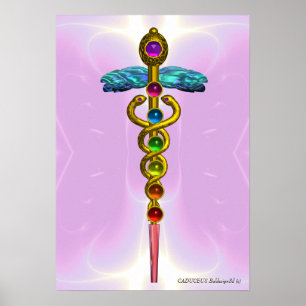 GOLD CADUCEUS 7 CHAKRAS,Yoga,Medical Light Pink Poster