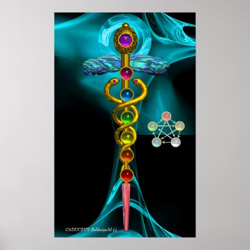 GOLD CADUCEUS AND 7 CHAKRAS IN BLUE FRACTAL ROSE POSTER