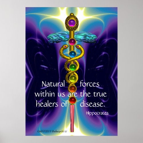 GOLD CADUCEUS AND 7 CHAKRAS IN BLUE PURPLE WAVES POSTER