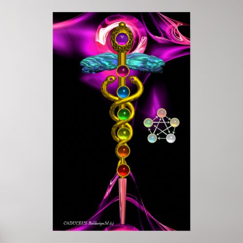 GOLD CADUCEUS AND 7 CHAKRAS IN PINK FRACTAL ROSE POSTER