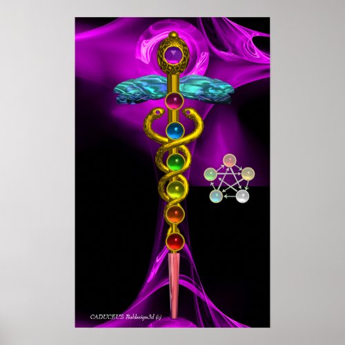 GOLD CADUCEUS AND 7 CHAKRAS IN PURPLE FRACTAL ROSE POSTER