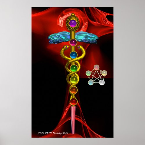GOLD CADUCEUS AND 7 CHAKRAS IN RED FRACTAL ROSE POSTER