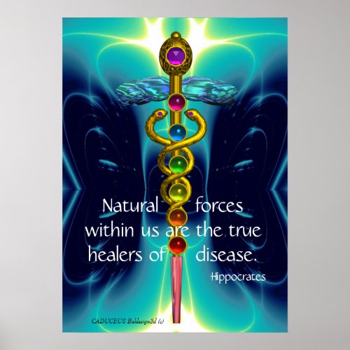 GOLD CADUCEUS AND 7 CHAKRAS IN TEAL BLUE WAVES POSTER