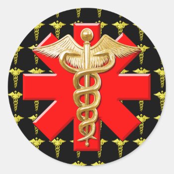 Gold Caduceus And Medical Cross Classic Round Sticker by packratgraphics at Zazzle