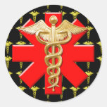 Gold Caduceus And Medical Cross Classic Round Sticker