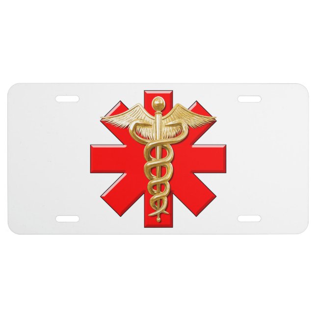 Gold Caduceus And Medical Cross License Plate (Front)
