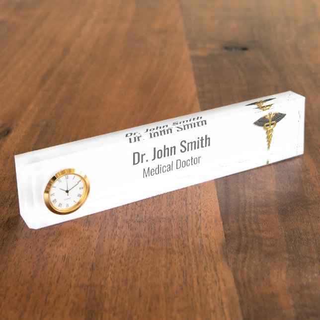 Gold Caduceus Black Wings Elegant Medical Watch Desk Name Plate (Side)