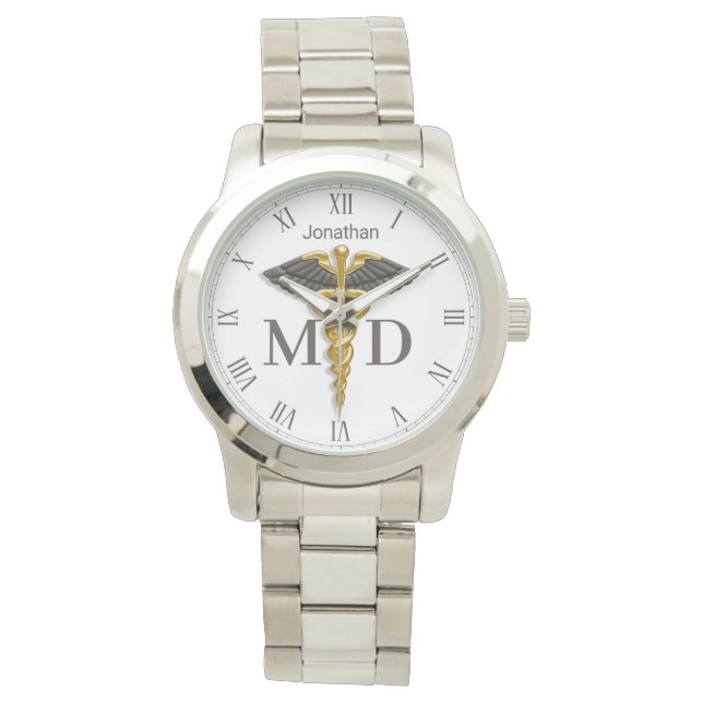 Gold Caduceus Black Wings Name Medical Doctor MD Watch (Front)