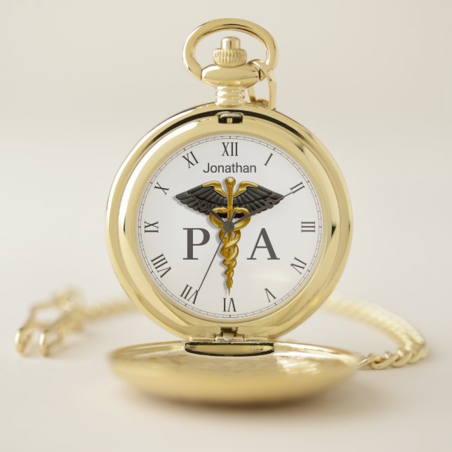 Gold Caduceus Black Wings Name Physician Assistant Pocket Watch (Inside)