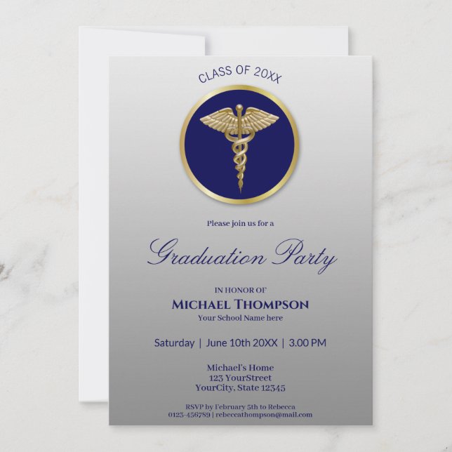 Gold Caduceus Blue Medical Graduation Invitation (Front)