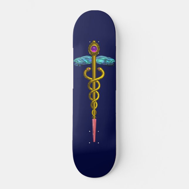GOLD CADUCEUS Blue Skateboard Deck (Front)
