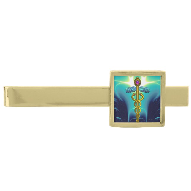 GOLD CADUCEUS ,Blue Turquoise Finish Tie Bar (Front)