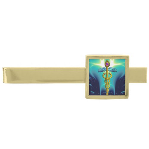 GOLD CADUCEUS Blue Turquoise Gold Finish Tie Bar