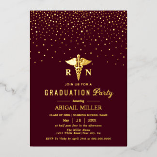 Gold caduceus burgundy Class Of 2026 graduation  Foil Invitation