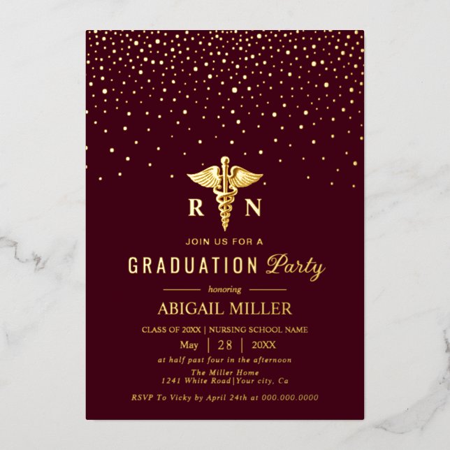 Gold caduceus burgundy Class Of 2026 graduation  Foil Invitation (Front)