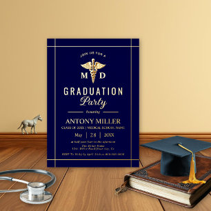 Gold caduceus Class Of 2025 navy blue graduation Foil Invitation