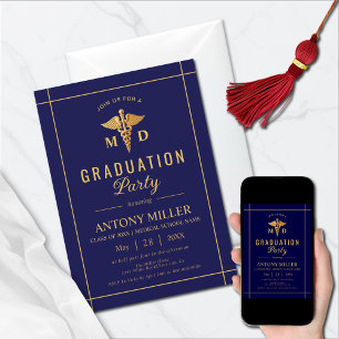 Gold caduceus Class Of 2025 navy blue graduation Invitation