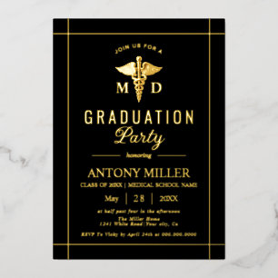 Gold caduceus Class Of 2026 black graduation Foil Invitation
