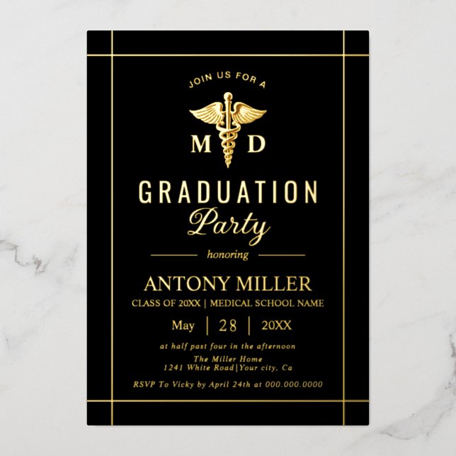 Gold caduceus Class Of 2026 black graduation Foil Invitation (Front)