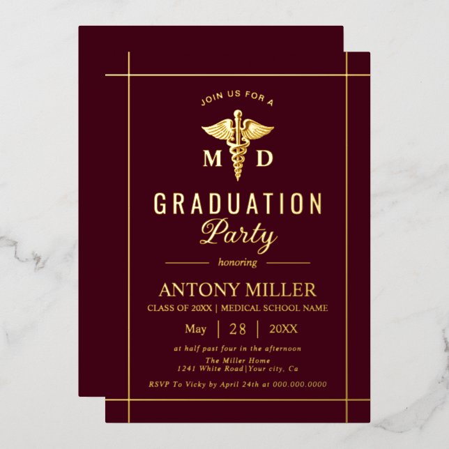 Gold caduceus Class Of 2026 burgundy graduation Foil Invitation (Front/Back)
