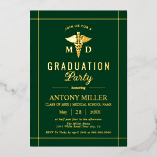 Gold caduceus Class Of 2026 green graduation Foil Invitation