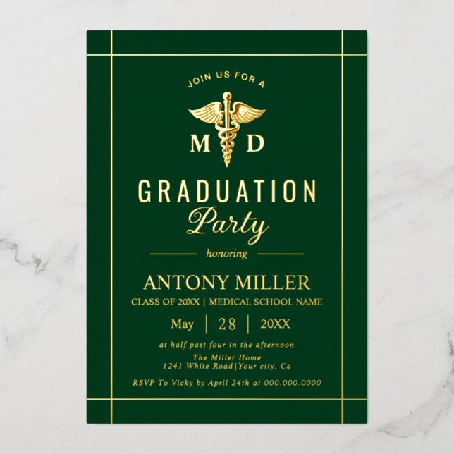 Gold caduceus Class Of 2026 green graduation Foil Invitation (Front)