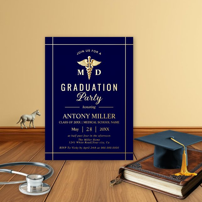 Gold caduceus Class Of 2026 navy blue graduation Foil Invitation (Creator Uploaded)