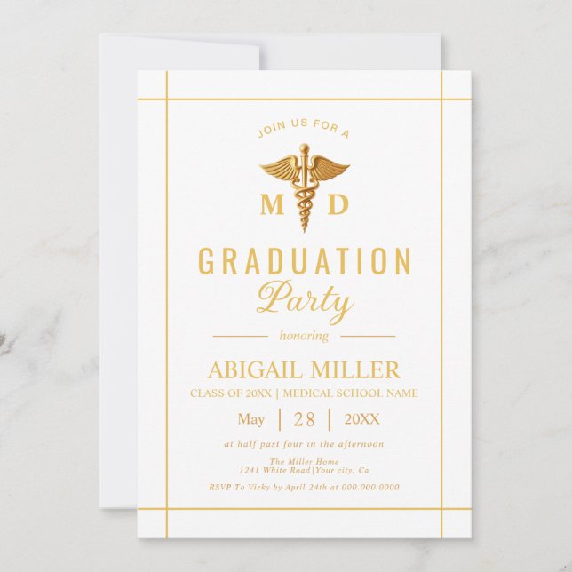 Gold caduceus Class Of 2026 white graduation Invitation (Front)
