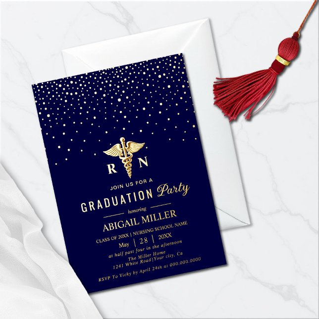 Gold caduceus & confetti Class Of 2026 graduation Foil Invitation (Creator Uploaded)