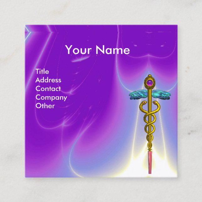GOLD CADUCEUS,DOCTOR,MEDICAL SERVICE Bright Purple Square Business Card (Front)