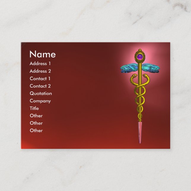 GOLD CADUCEUS,DOCTOR MEDICAL SERVICE Red Ruby Business Card (Front)