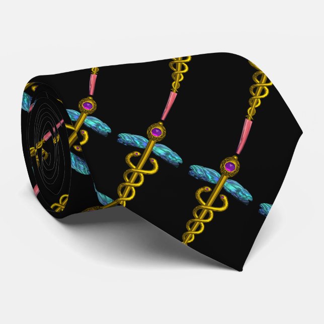 GOLD CADUCEUS,DOCTOR MEDICAL SYMBOL Black Tie (Rolled)