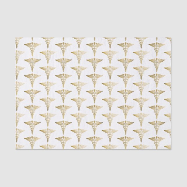 Gold Caduceus Doctor Medical Symbol Pattern Tissue Paper (Front)