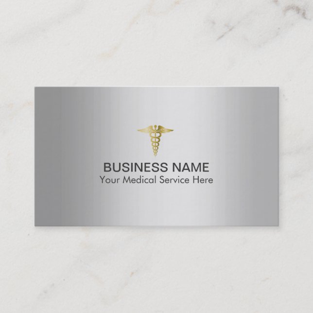 Gold Caduceus Elegant Silver Medical Billing Business Card (Front)