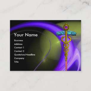 GOLD CADUCEUS IN BLUE PURPLE GREEN FRACTAL SWIRLS BUSINESS CARD