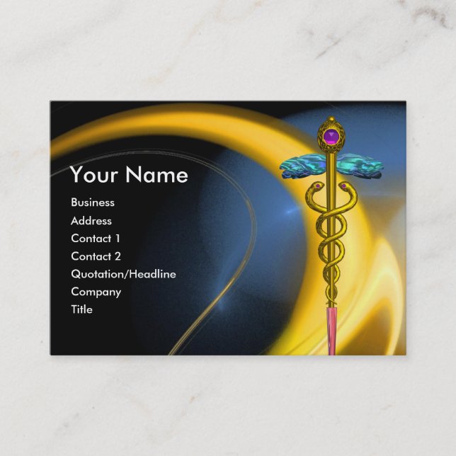 GOLD CADUCEUS IN BLUE YELLOW FRACTAL SWIRLS BUSINESS CARD (Front)