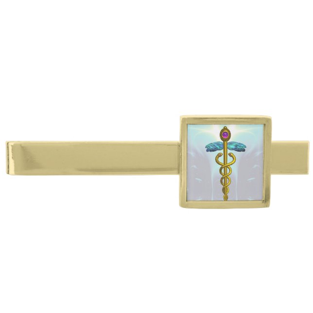 GOLD CADUCEUS ,Light Blue Gold Finish Tie Bar (Front)