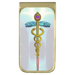 GOLD CADUCEUS , Light Blue Turquoise Gold Finish Money Clip